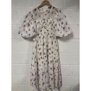 Jacquie the Label Ivory Purple Floral Puff Sleeve Dress Women's Small